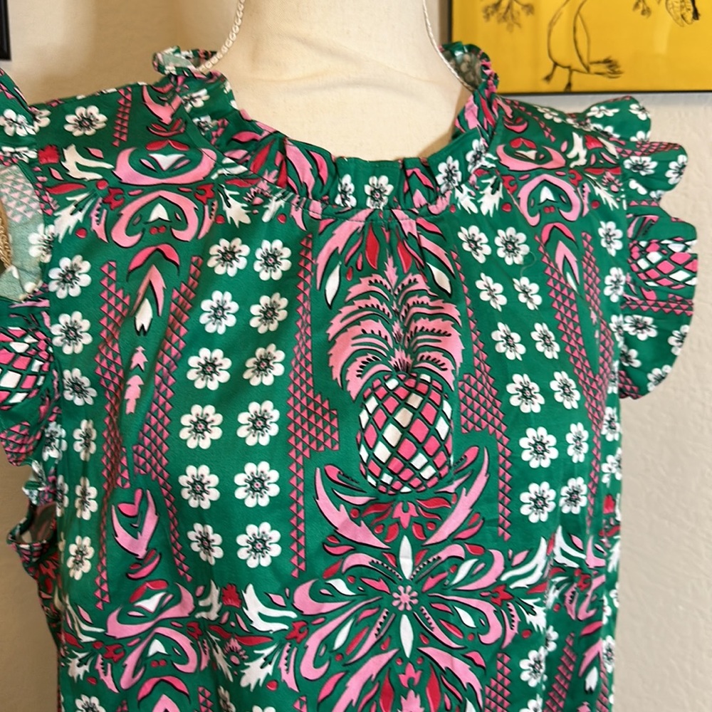Macys ruffle sleeveless dress pink green pattern xl